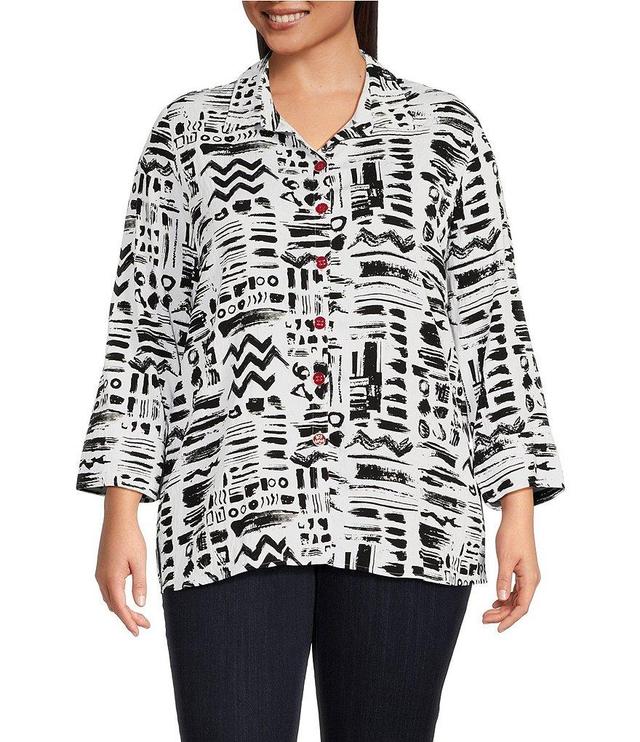 Ali Miles Plus Size Printed Woven Wire Collar 3/4 Bell Sleeve Button-Front Tunic Product Image