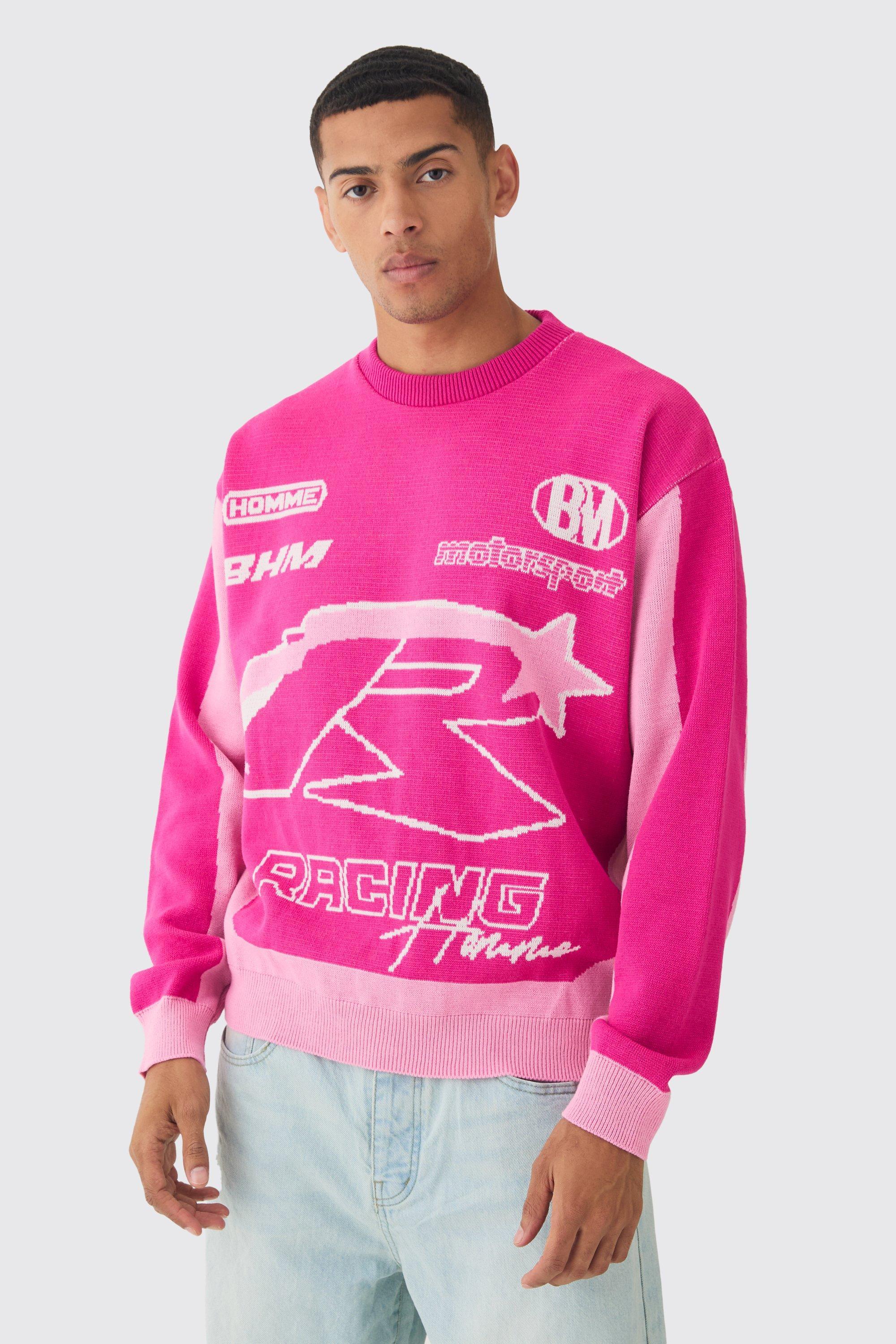 Oversized Boxy Moto Racing Knitted Jumper | boohooMAN USA Product Image