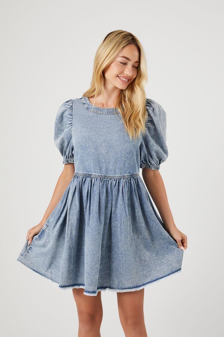 Denim Puff-Sleeve Mini Dress | Forever 21 Product Image