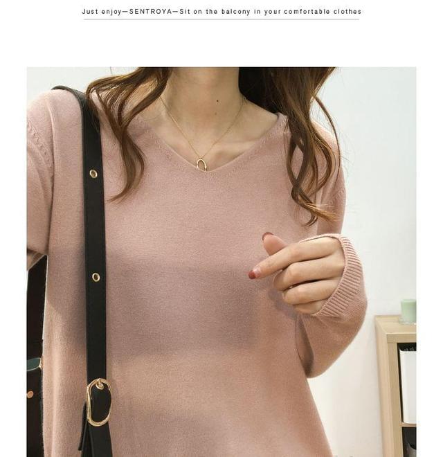 Long-Sleeve V-Neck Plain Knit Top Product Image