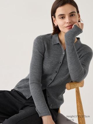 Womens Merino Ribbed Polo Cardigan Gray Medium UNIQLO US Product Image