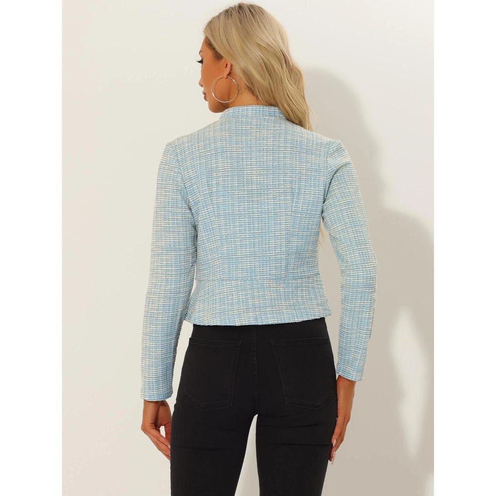 Allegra K Women's Tweed Stand Collar Business Open Front Cropped Jacket Light Blue Small Product Image