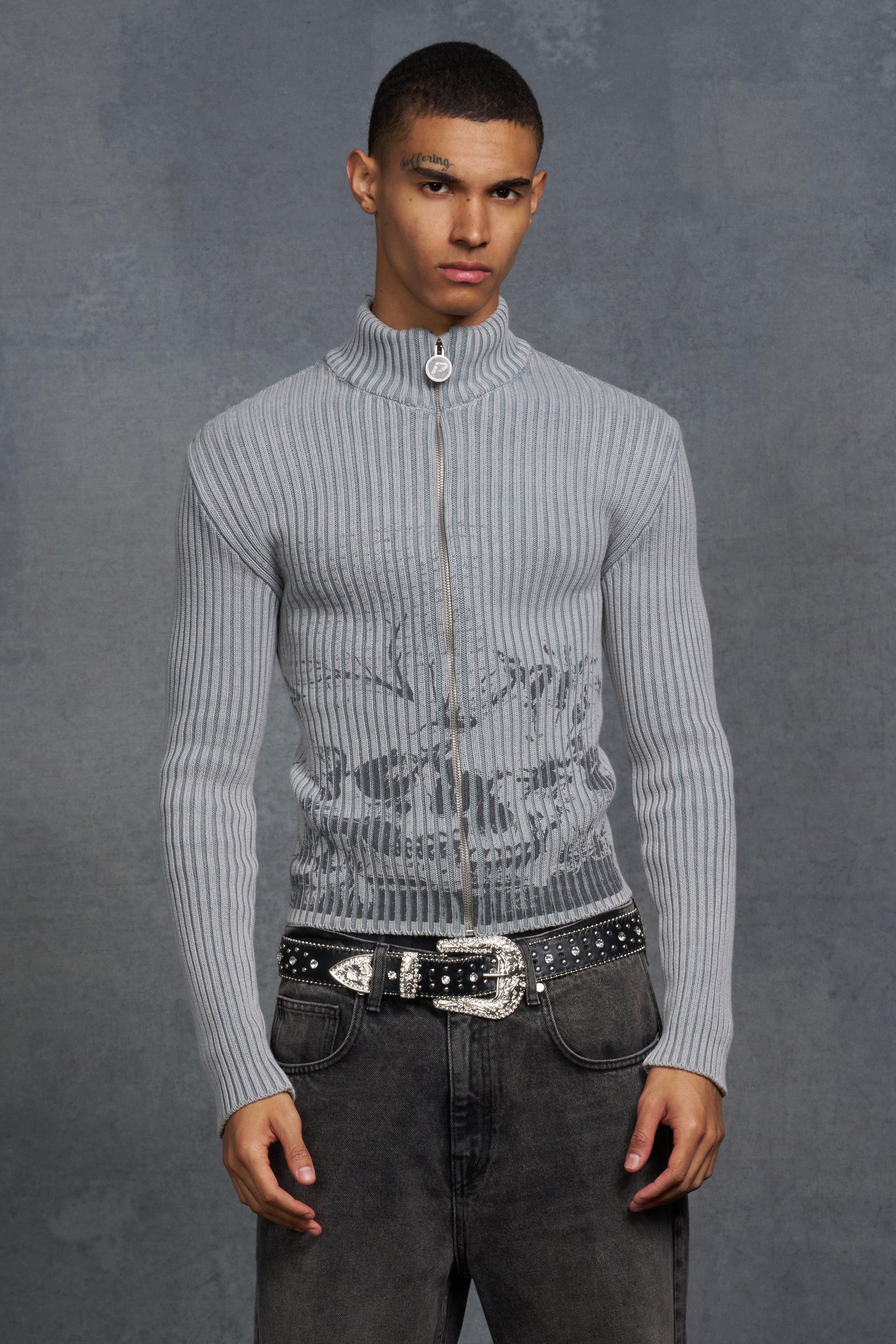 P-Star Muscle Fit Acid Wash Rib Knit Skull Print Sweater | boohooMAN USA Product Image