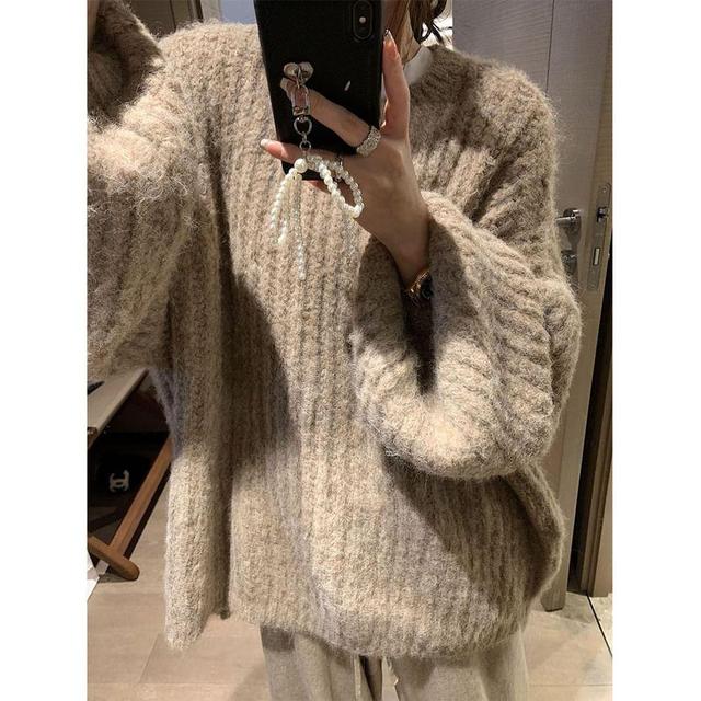 Puff-Sleeve Round Neck Plain Ribbed Sweater Product Image