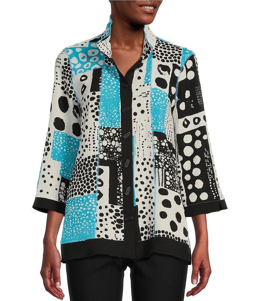 Ali Miles Abstract Patchwork Print Wire Collar 3/4 Sleeve Button-Front Tunic Product Image