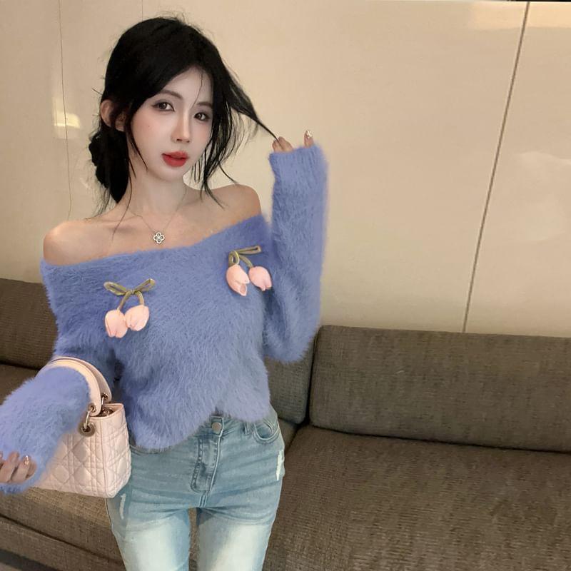 Off Shoulder Flower Detail Crop Sweater Product Image