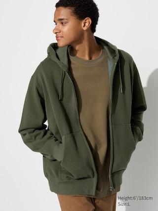 Mens Sweat Full-Zip Long-Sleeve Hoodie with Quick-Drying Olive 2XS UNIQLO US Product Image