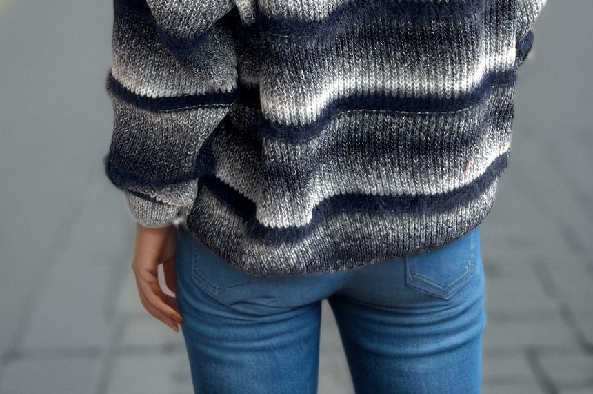 Crew Neck Striped Fluffy Trim Sweater Product Image