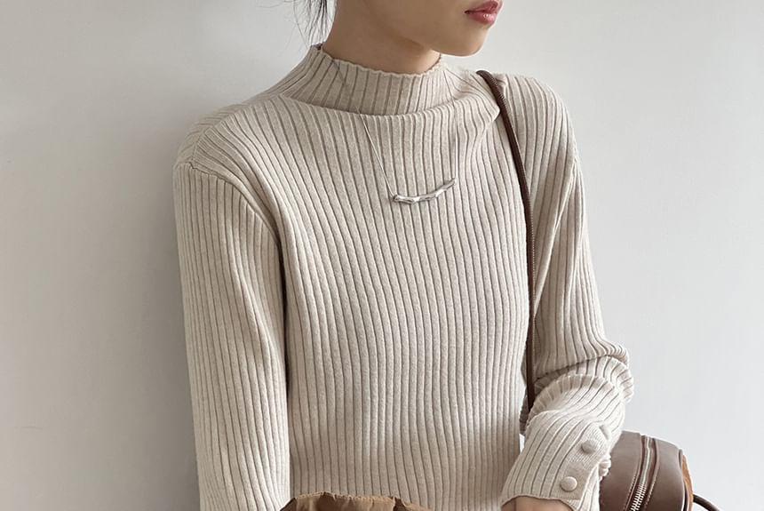 Long-Sleeve Turtleneck Ribbed Knit Top Product Image