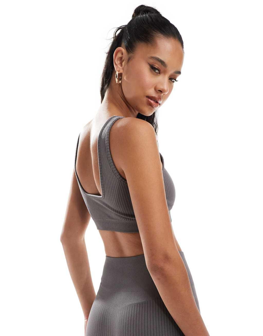 ASOS 4505 Icon seamless ribbed medium support sports bra with square neck in steel gray Product Image