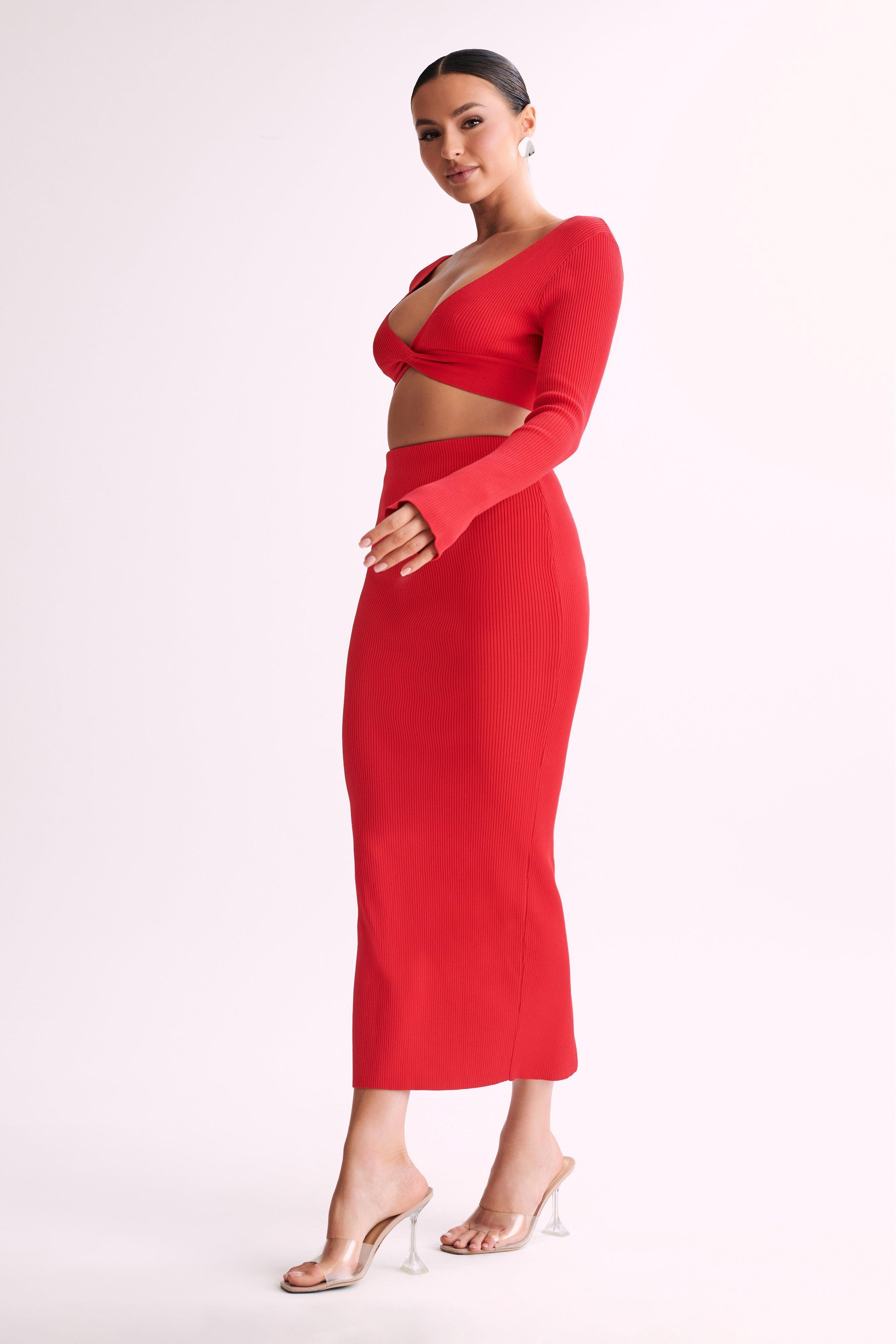 Kaesha Long Sleeve Twist Front Knit Top - Red Product Image