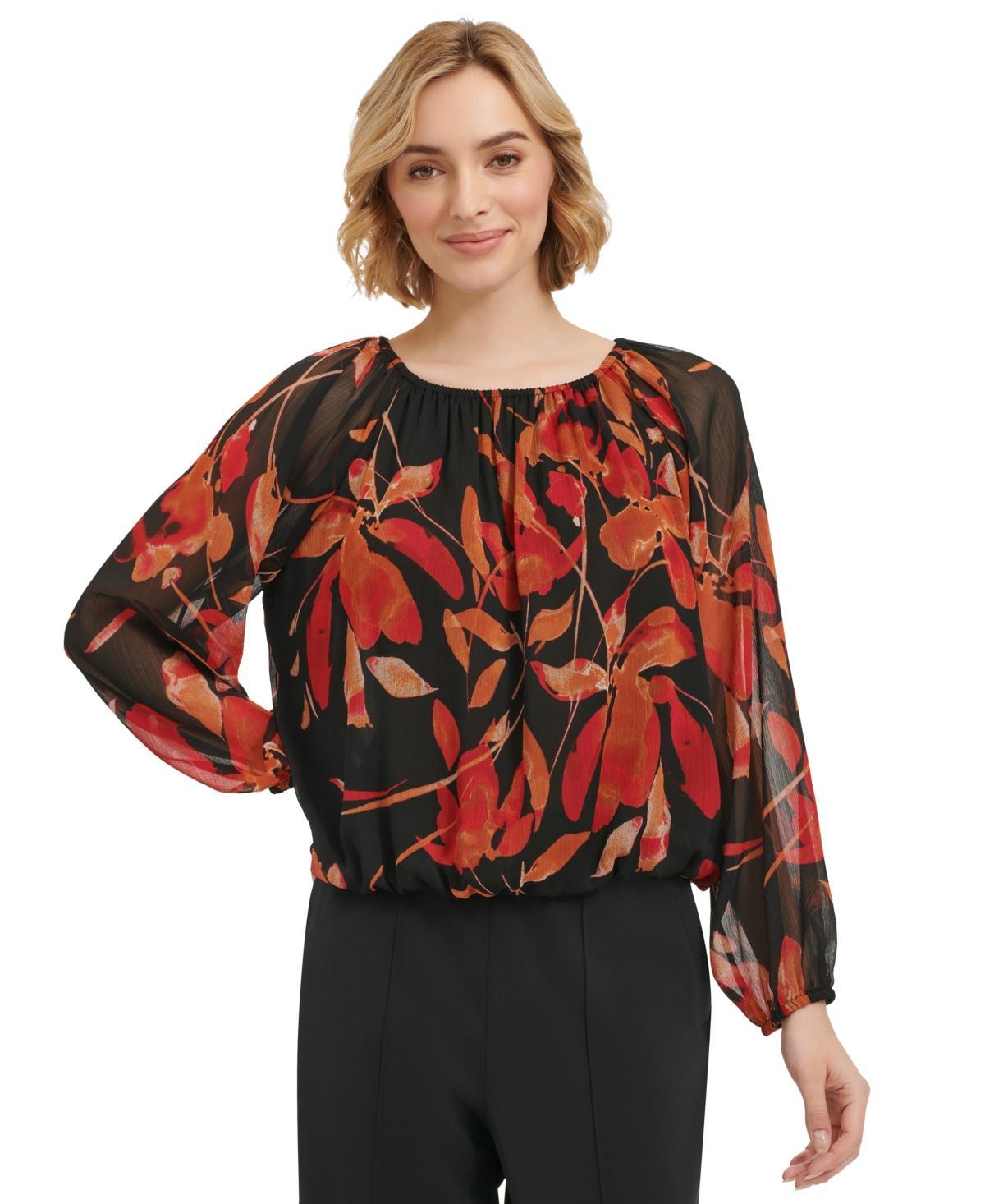 Calvin Klein Womens Long Sleeve Printed Chiffon Blouse Product Image