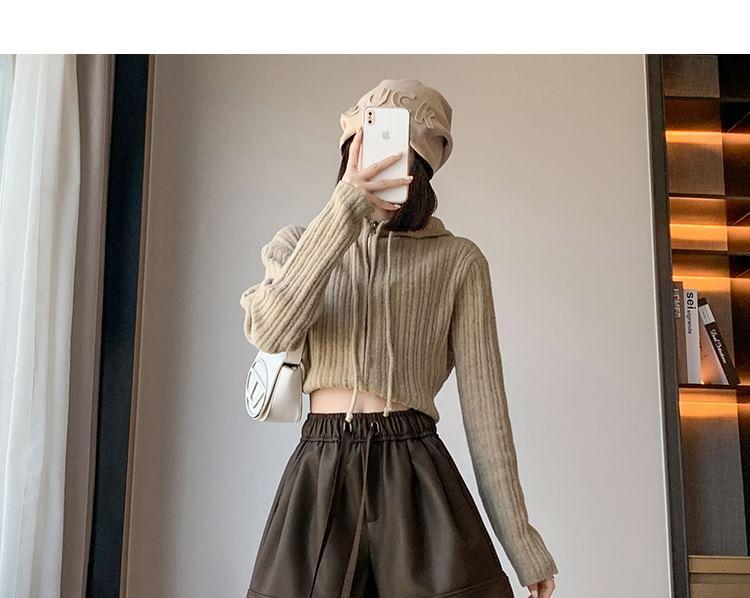 High Waist Plain Faux Leather Wide Leg Shorts Product Image