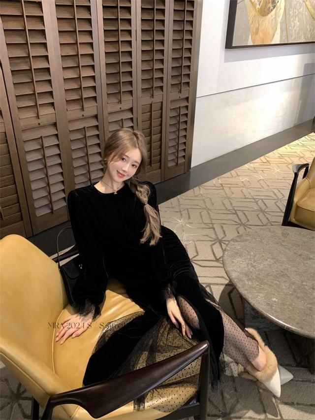 Long Sleeve Crew Neck Plain Mesh Panel Velvet Maxi A-Line Dress Product Image