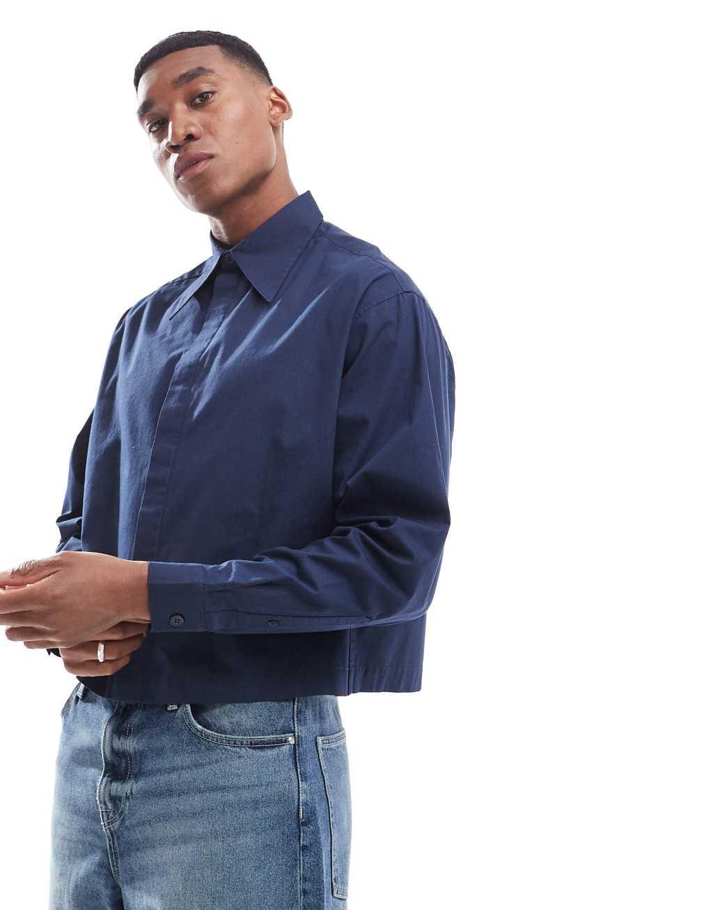 ASOS DESIGN boxy cropped 70s collar poplin shirt in navy Product Image