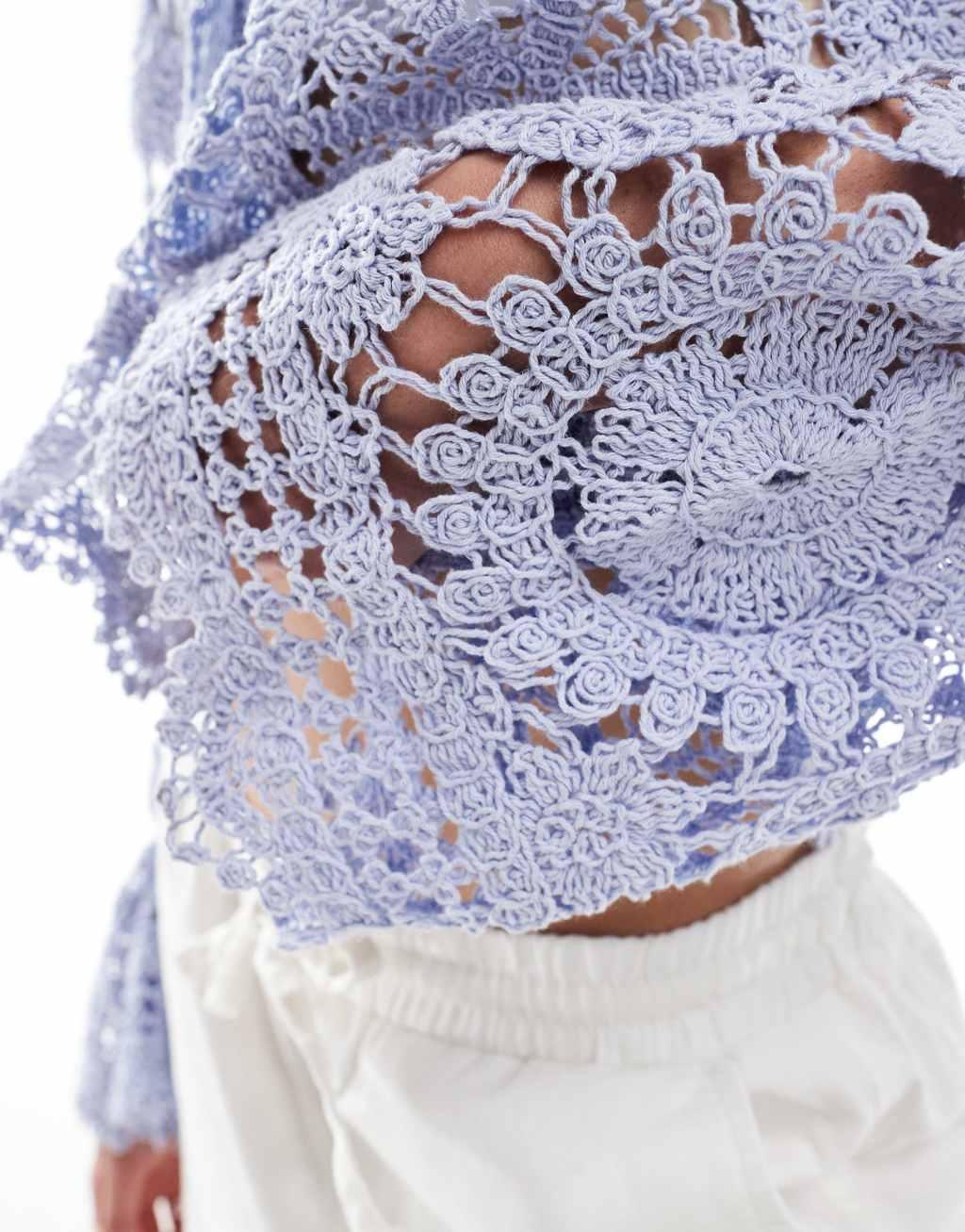 Object cropped bell sleeve crochet top in pale blue Product Image