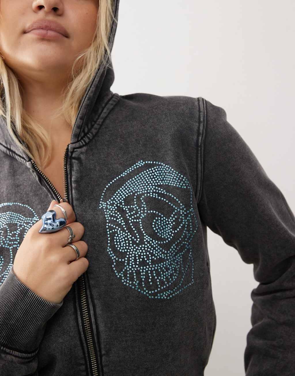 Cheap Monday zip front hoodie with rhinestone skull graphic in acid washed black Product Image