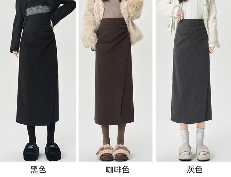 High Rise Plain Ruched Midi A-Line Skirt Product Image