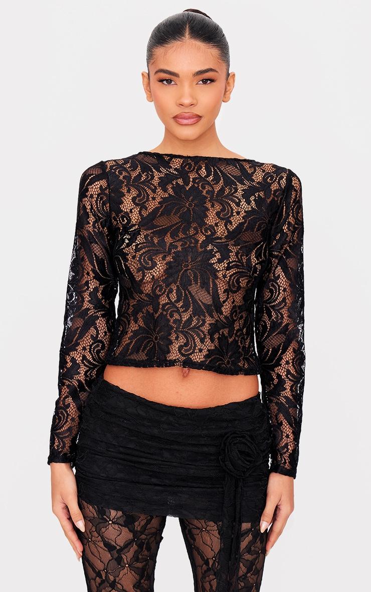 Black Lace Boatneck Long Sleeve Long Top Product Image