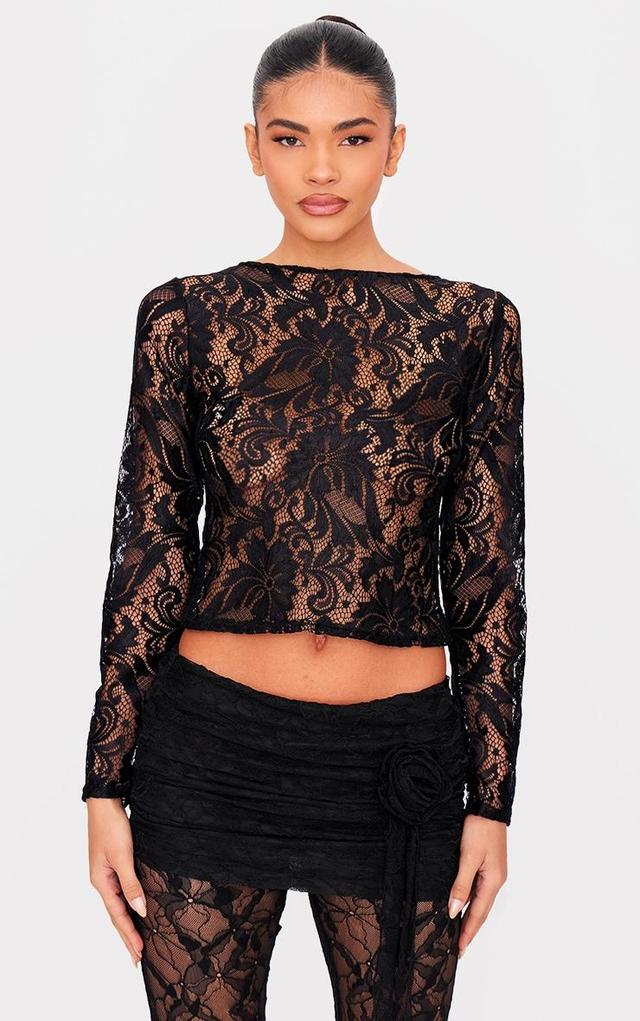 Black Lace Boatneck Long Sleeve Long Top Product Image