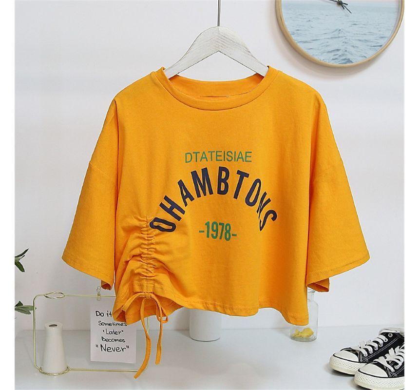 Short-Sleeve Letter Print Drawstring Crop T-Shirt Product Image