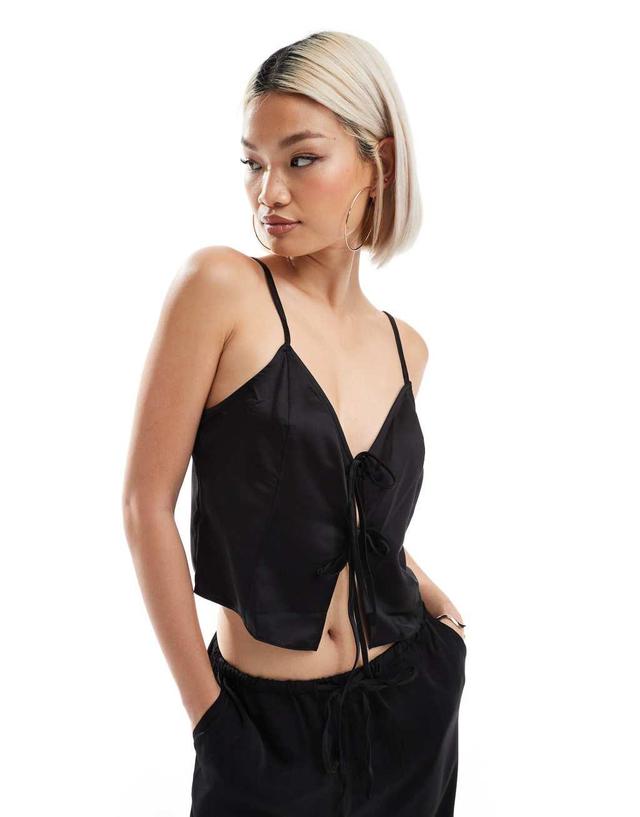 ASOS DESIGN satin cami top with tie front in black Product Image