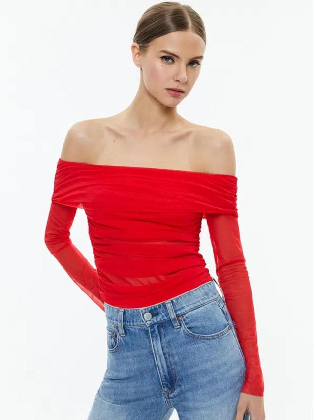 ALICE AND OLIVIA Isadola Over The Shoulder Ruched Long Sleeve Top In Bright Ruby Product Image