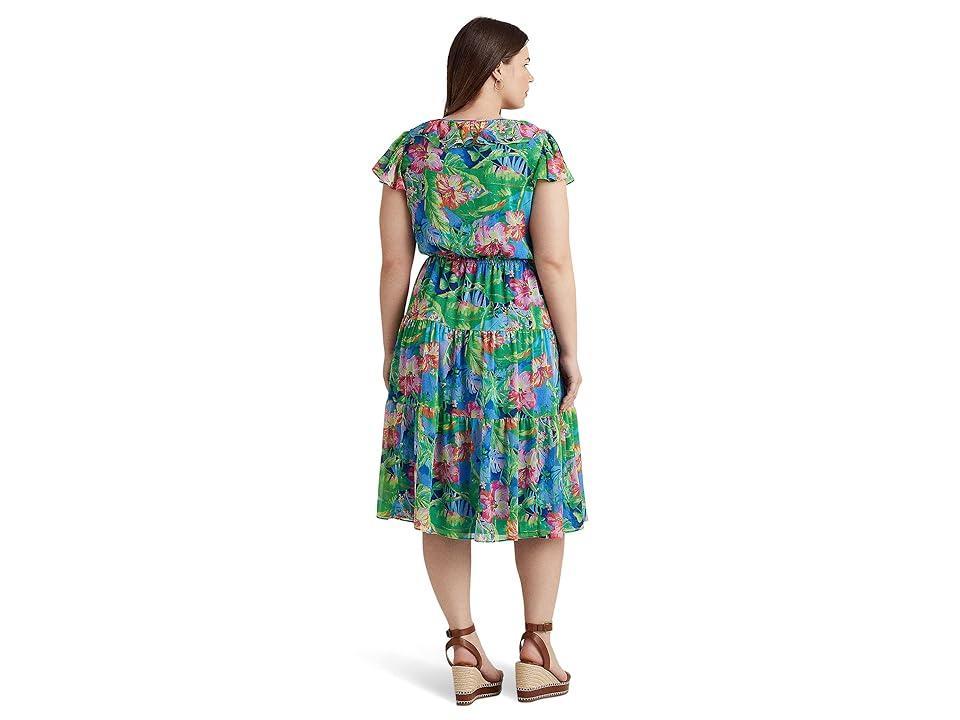 Lauren Ralph Lauren Plus Size Floral Crinkle Georgette Tiered Dress Blue Multi) Women's Clothing Product Image