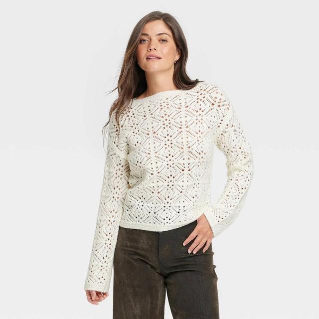 Womens Boat Neck Openwork Pullover Sweater - Universal Thread Cream XS Product Image