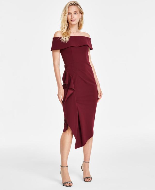 Betsy  Adam Off-the-Shoulder Short Sleeve Stretch Crepe Drape Front Sheath Midi Dress Product Image