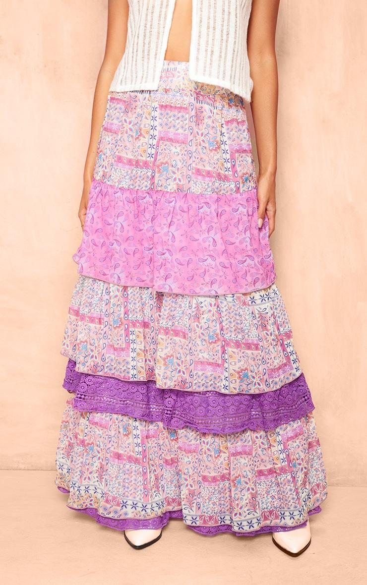 Purple Paisley Print Chiffon Tiered Maxi Skirt Product Image