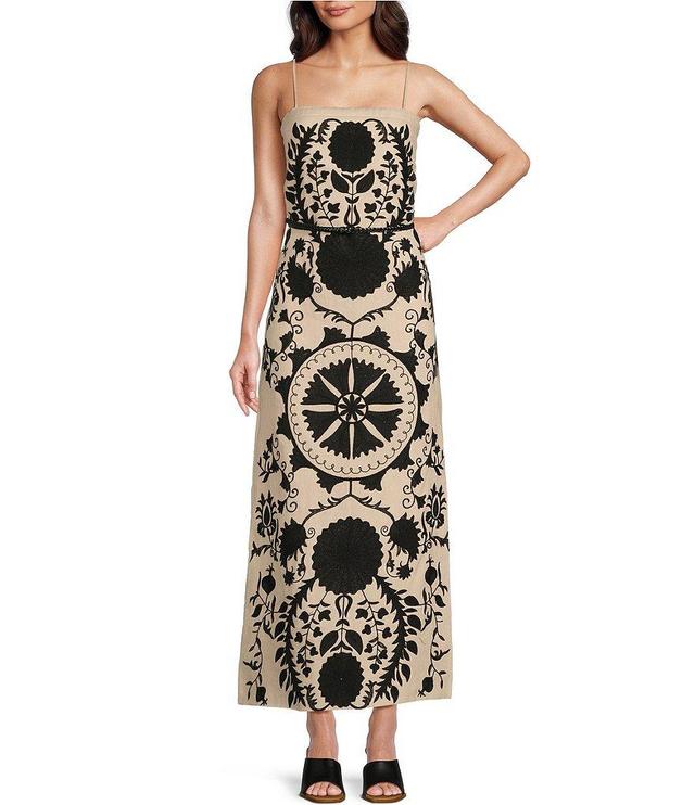 Le' AL.X Square Neck Sleeveless Embroidered Column Side Slit Linen Maxi Dress Product Image