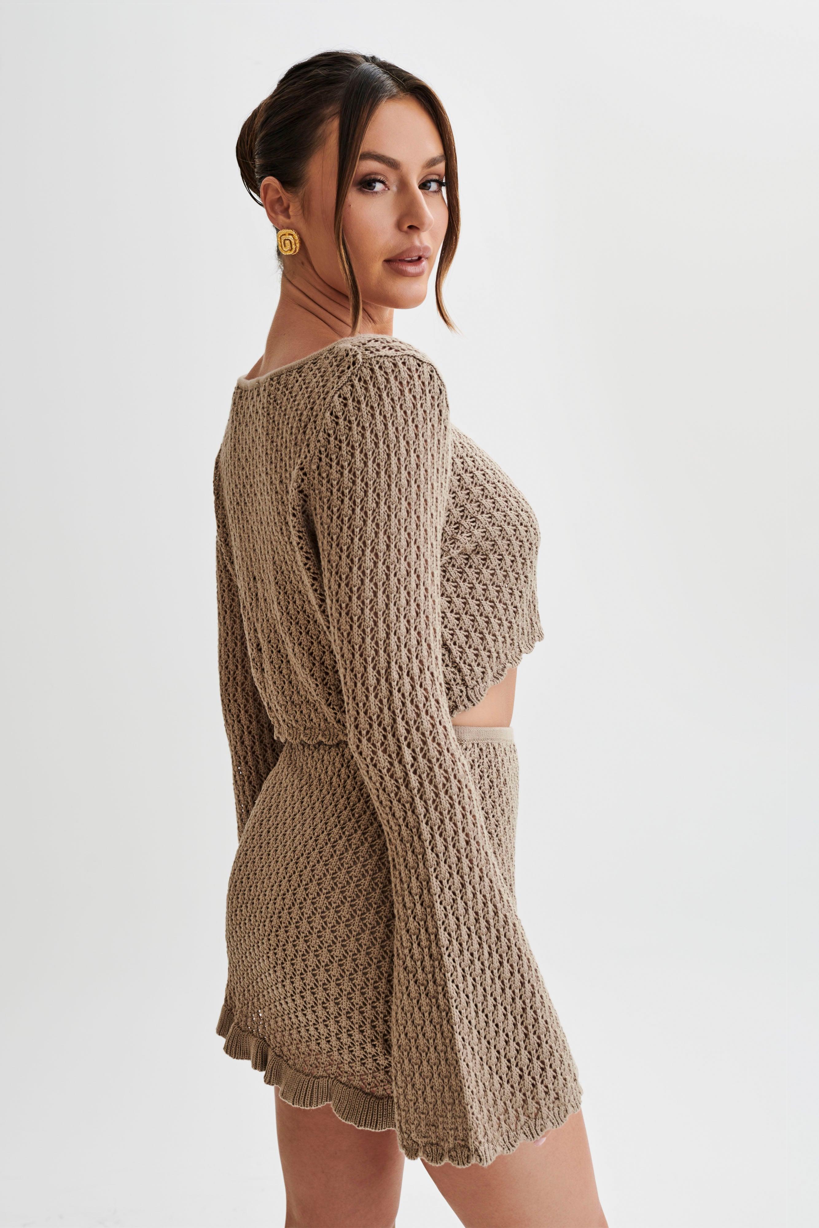 Sian Knit Long Sleeve Crop Top - Taupe Product Image