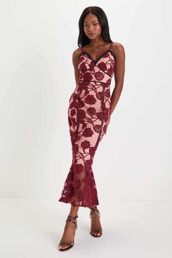 Alluring Dream Burgundy Floral Mesh Lace Trumpet Midi Dress Product Image