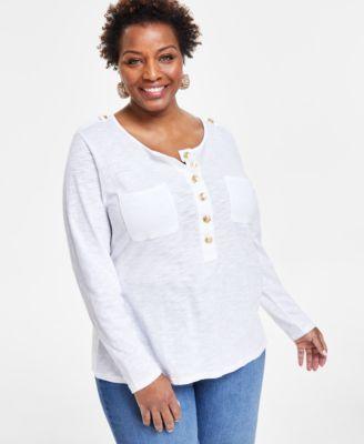 Plus Size Button-Front Long-Sleeve Top, Created for Macy's Product Image