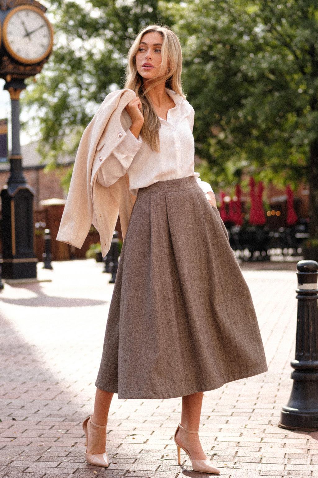 Left Unsaid Brown Herringbone Tweed Midi Skirt product image