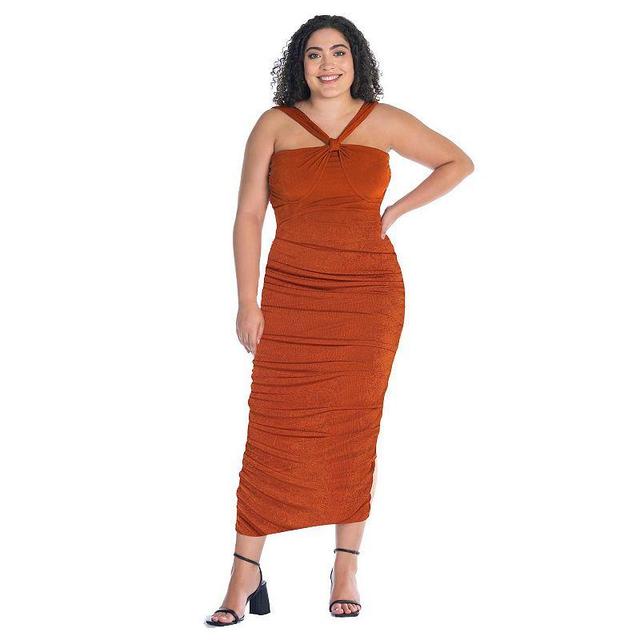 Plus Size 24Seven Comfort Halter Cross Neck Ruched Bodycon Midi Dress, Womens Red/Coppr Product Image