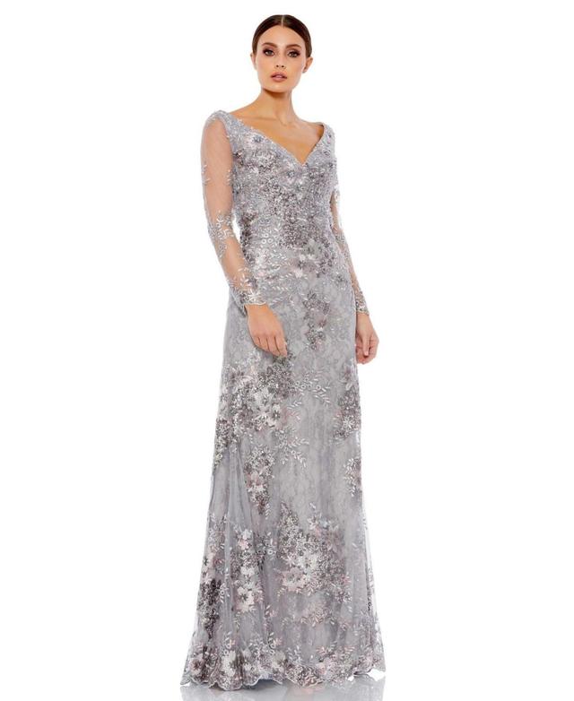 Womens Beaded Lace V-Neck Gown Product Image