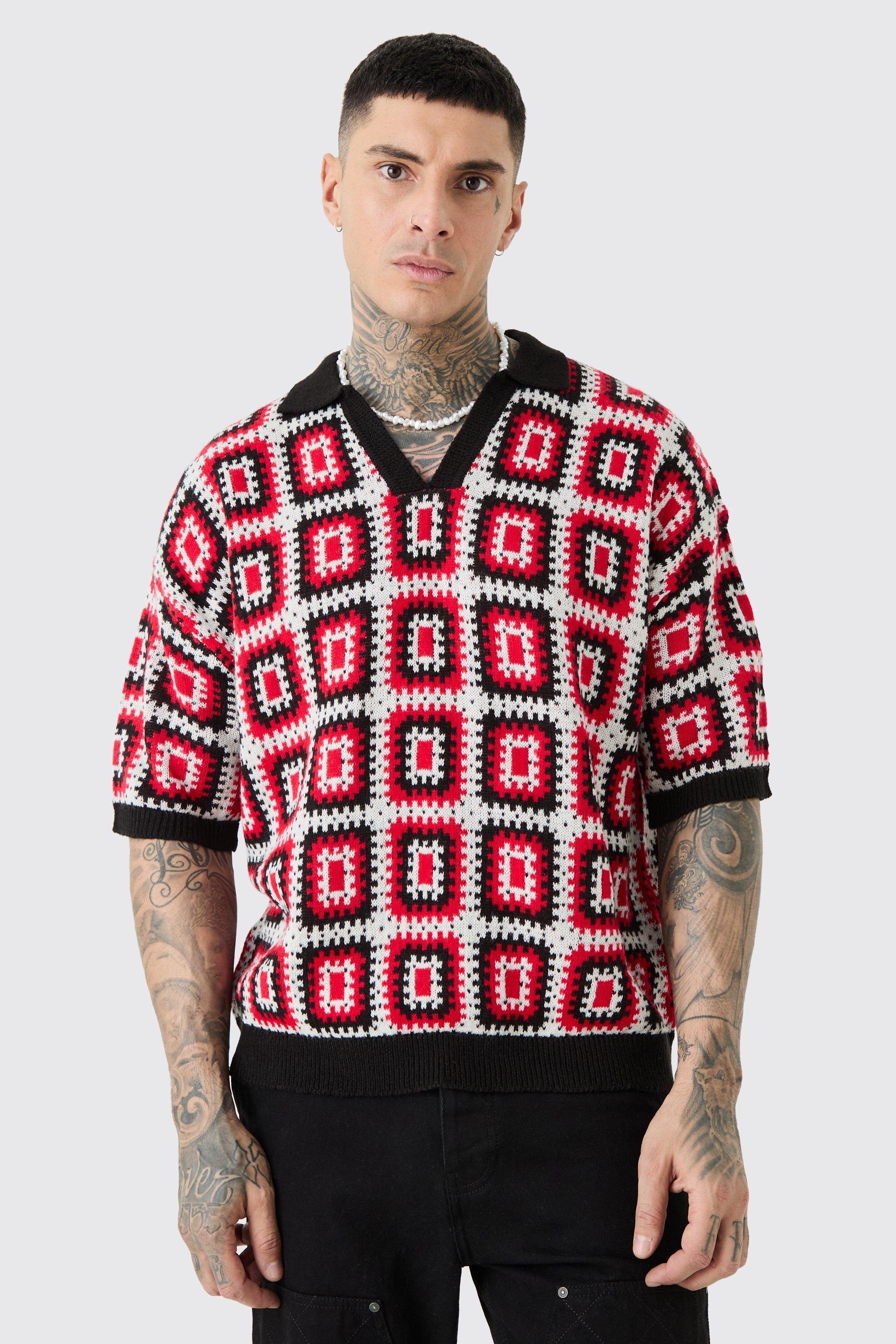 Mens Tall Short Sleeve Boxy Fit Crochet Knit Polo In Red, Red Product Image