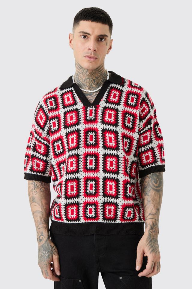 Tall Short Sleeve Boxy Fit Crochet Knit Polo In Red | boohooMAN USA Product Image