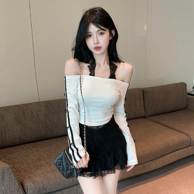 Long-Sleeve Striped Piping Crop Tee / Halter Neck Lace Top Product Image