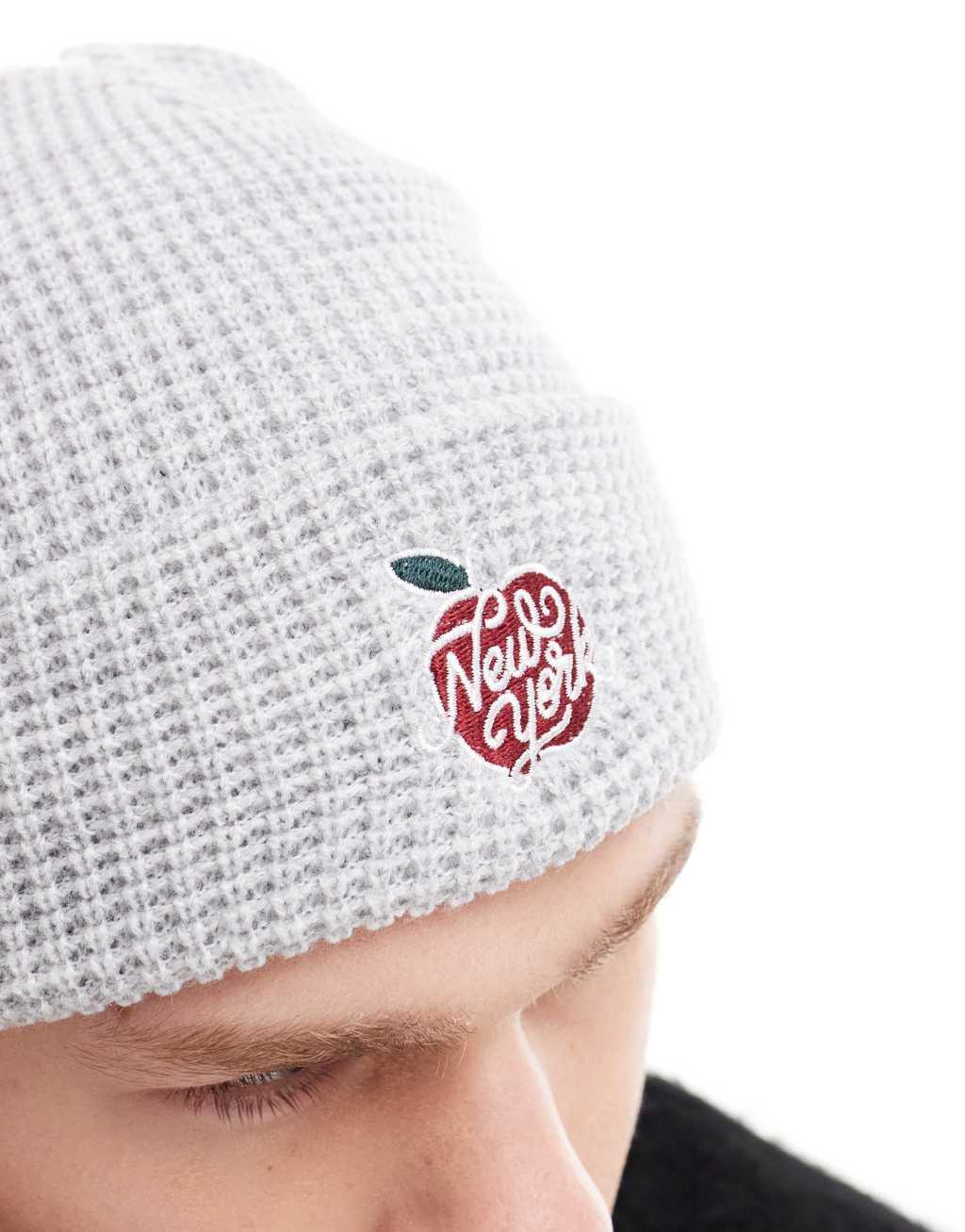 Cotton On waffle beanie with New York graphic in gray Product Image