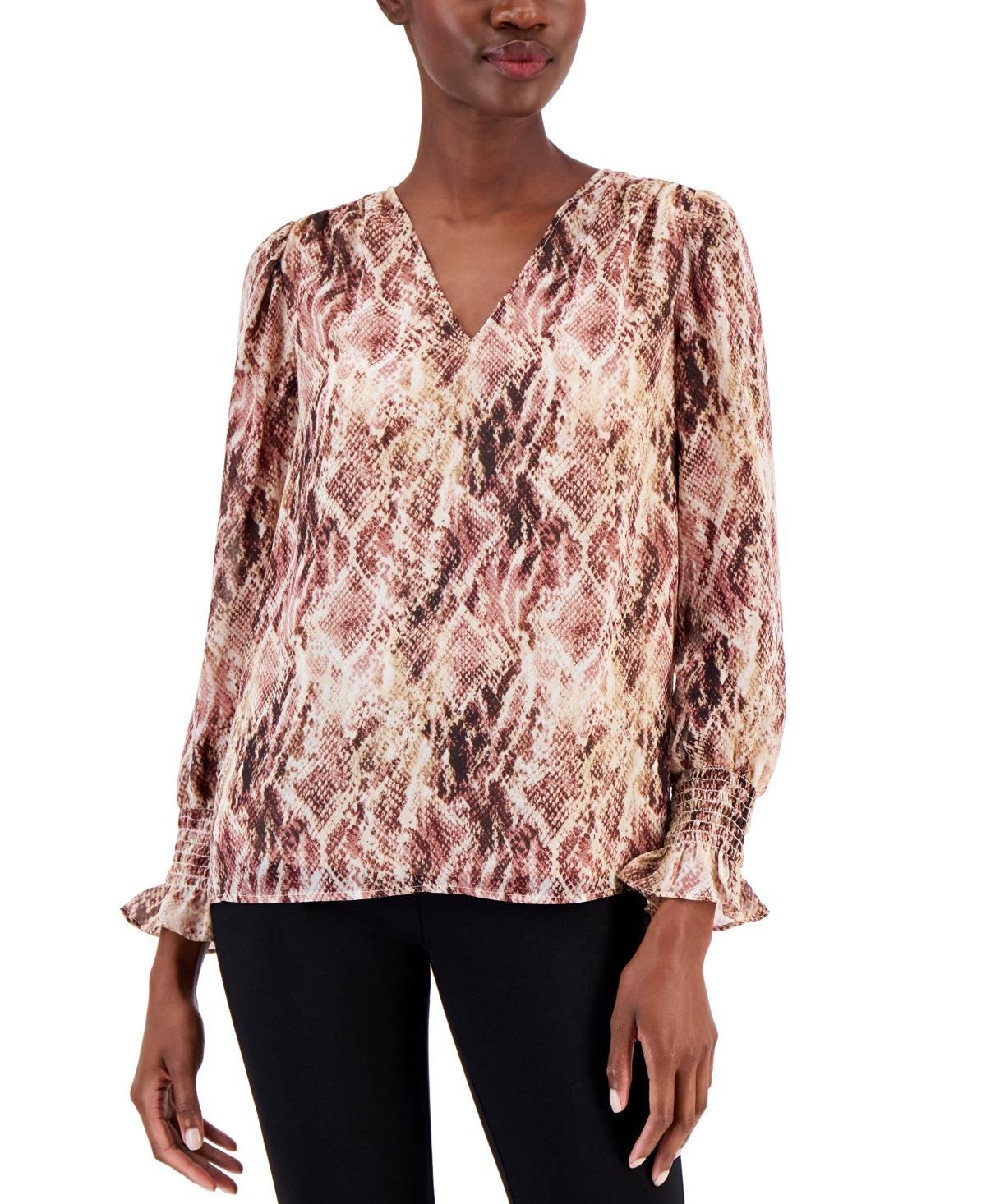 Anne Klein Womens Printed V-Neck Smocked Cuff Top Product Image