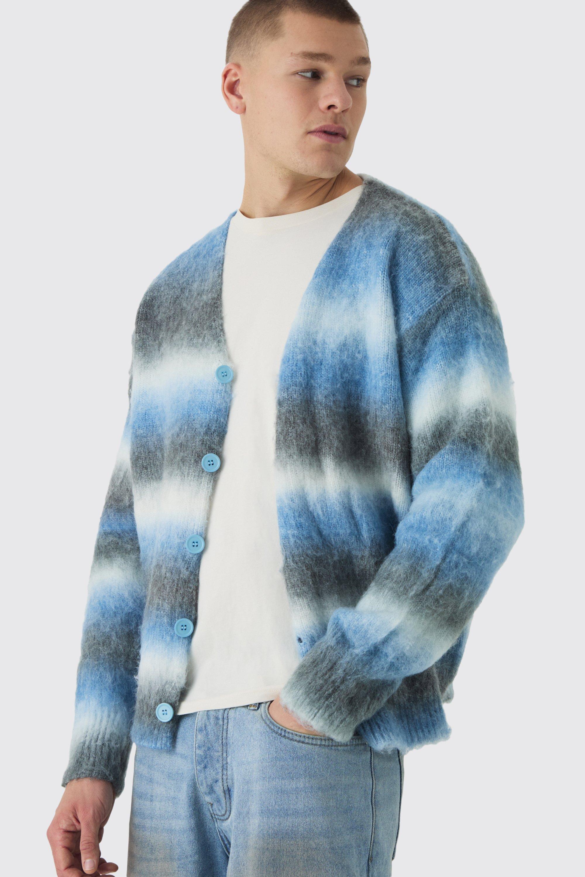 Boxy Fit Knitted Brushed Stripe Cardigan | boohooMAN USA Product Image