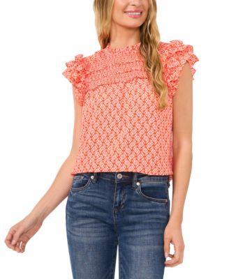 CeCe Ruffle Smocked Yoke Babydoll Blouse (Tigerlily) Women's Clothing Product Image