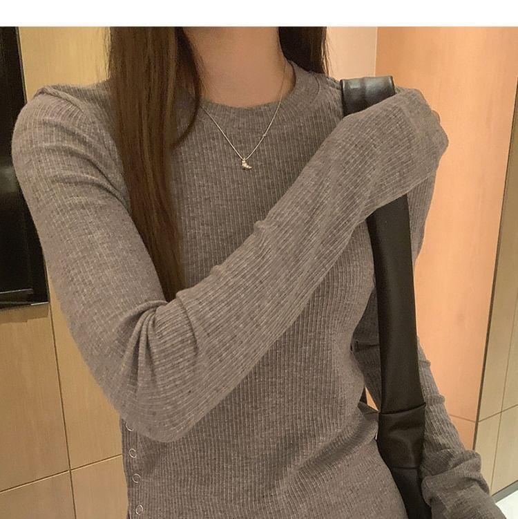 Long-Sleeve Crew Neck Plain Ribbed Asymmetrical T-Shirt product image