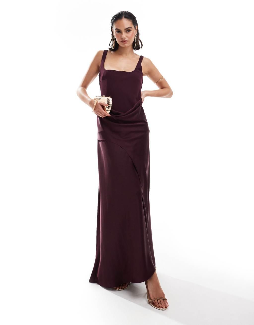 ASOS DESIGN scoop neck satin drape overlay maxi dress in burgundy Product Image