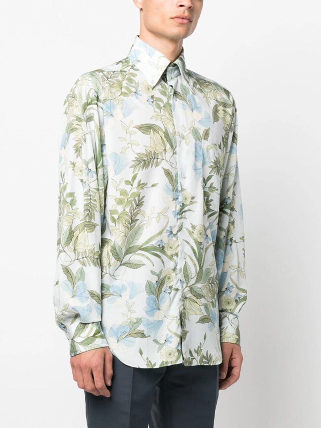 Button-down Collar Floral-print Lyocell-blend Shirt In Multicolore Product Image