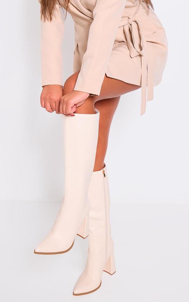 Cream Pu Point Toe Knee High Block Heeled Boots Product Image