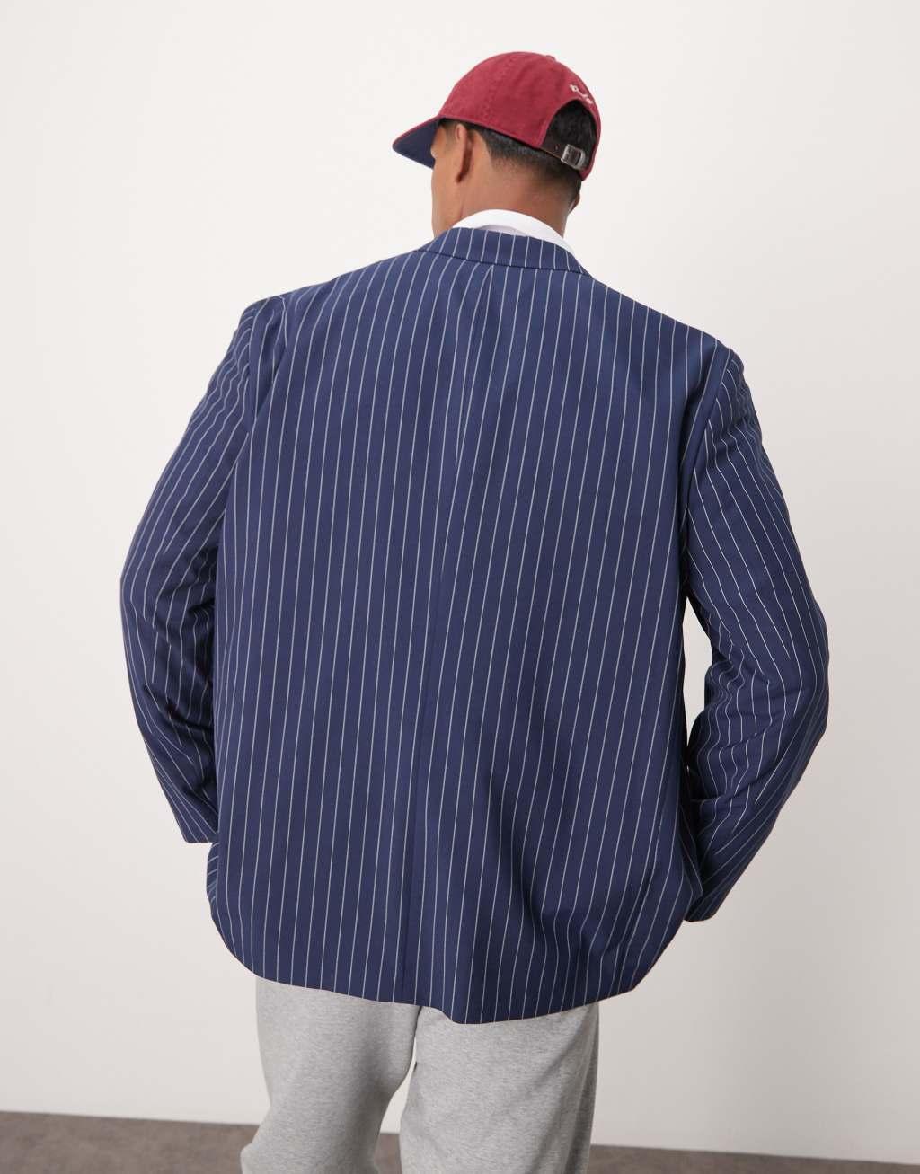 ASOS DESIGN slouchy oversized blazer in navy pinstripe Product Image